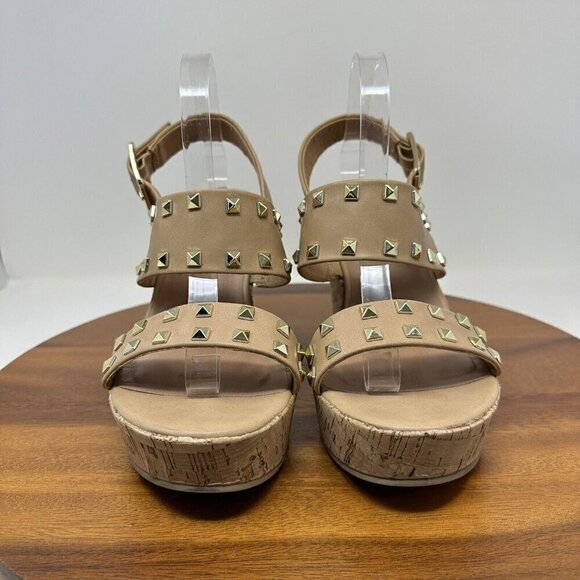 Torrid Studded Double Strap Platform Sandals Wedge Size 11WW Tan Extra Wide Cork - Picture 2 of 13